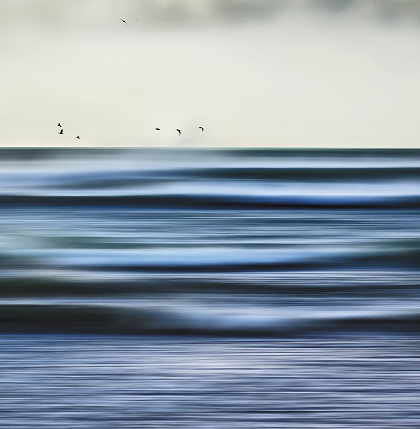 Abstract coastal art card, moody, gulls and waves