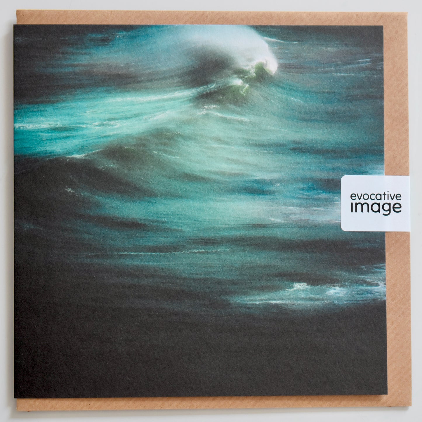 evocative image green, peace card design - abstract coastal art card, moody, green wave, evocative image, with envelope